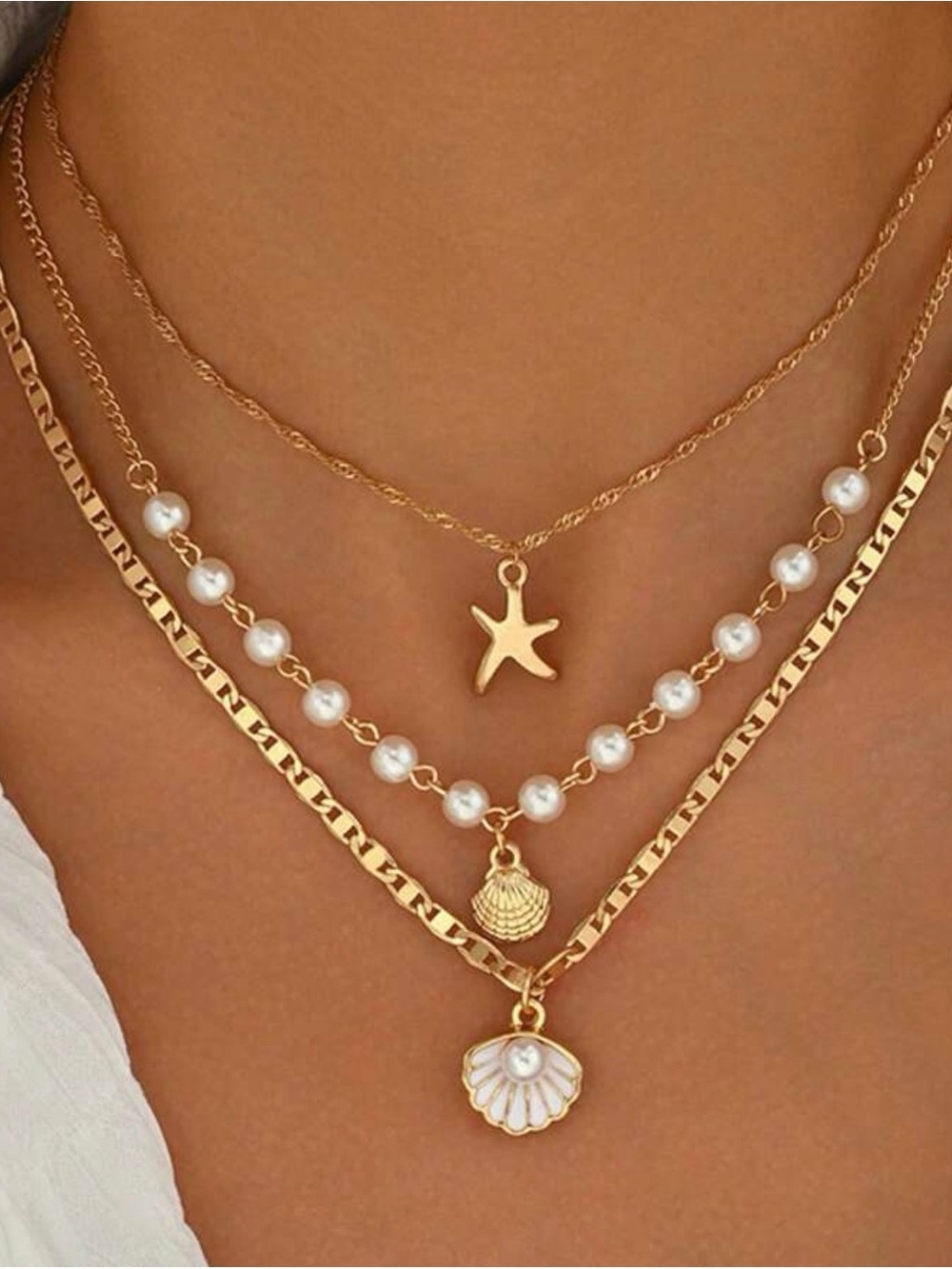 18K Gold Plated Layered Shell & Pearl Necklace Set